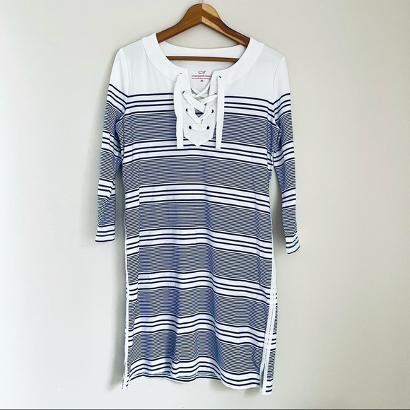 Vineyard Vines Blue White 3/4 Sleeve Striped Cotton Blend Lace Up Dress - Picture 2 of 14
